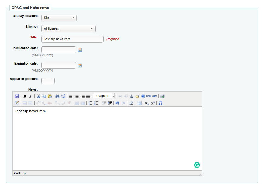Form to create the news item Form to create the news item