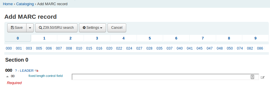 Unfilled MARC records page Add MARC record page, showing the 000 – Leader field is empty before it has been clicked