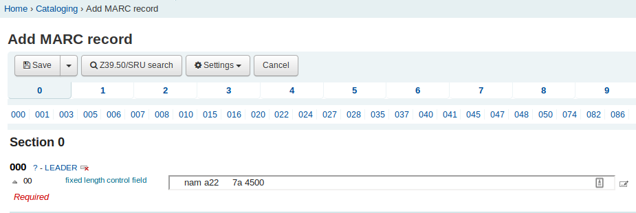 Filled MARC records page Add MARC record page, showing the 000 -Leader field has important characters filled in after it has been clicked