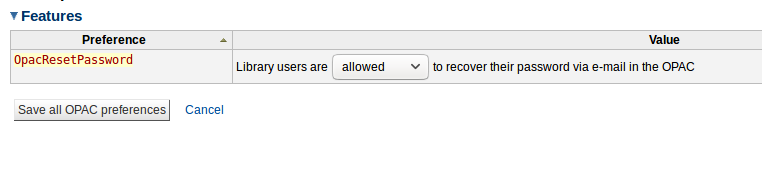 OpacResetPassword system preference OpacResetPassword system preference input and save button