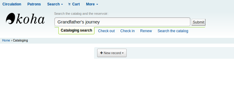 A catalogue search Cataloguing search bar with text 'Grandfather's journey' entered ready to push 'submit' to search