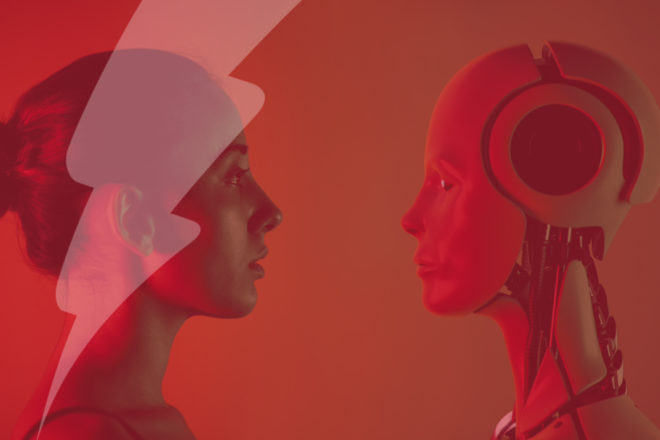 Image of a human and AI robot.