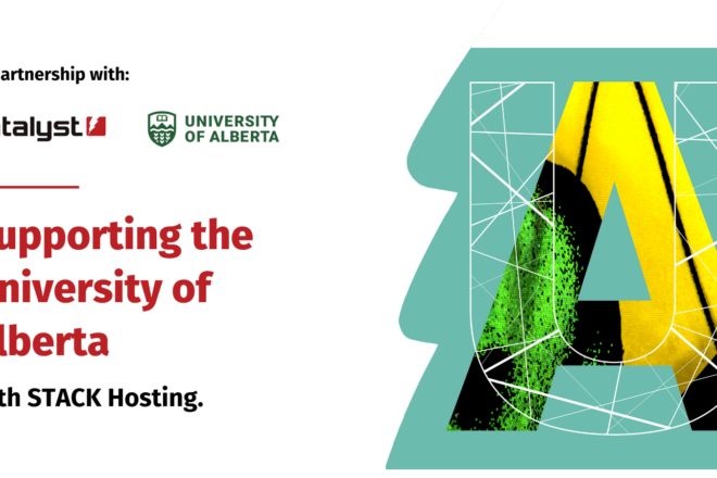 This promotional graphic showcases the partnership between Catalyst and the University of Alberta. On the left, the Catalyst logo is displayed alongside the University of Alberta logo. The central text reads: 