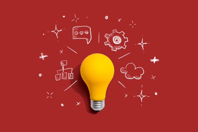 A red background with a large yellow lightbulb in the center. Surrounding the lightbulb are white hand-drawn icons symbolizing ideas and creativity, including a chat bubble, a gear, a cloud, and other abstract shapes.
