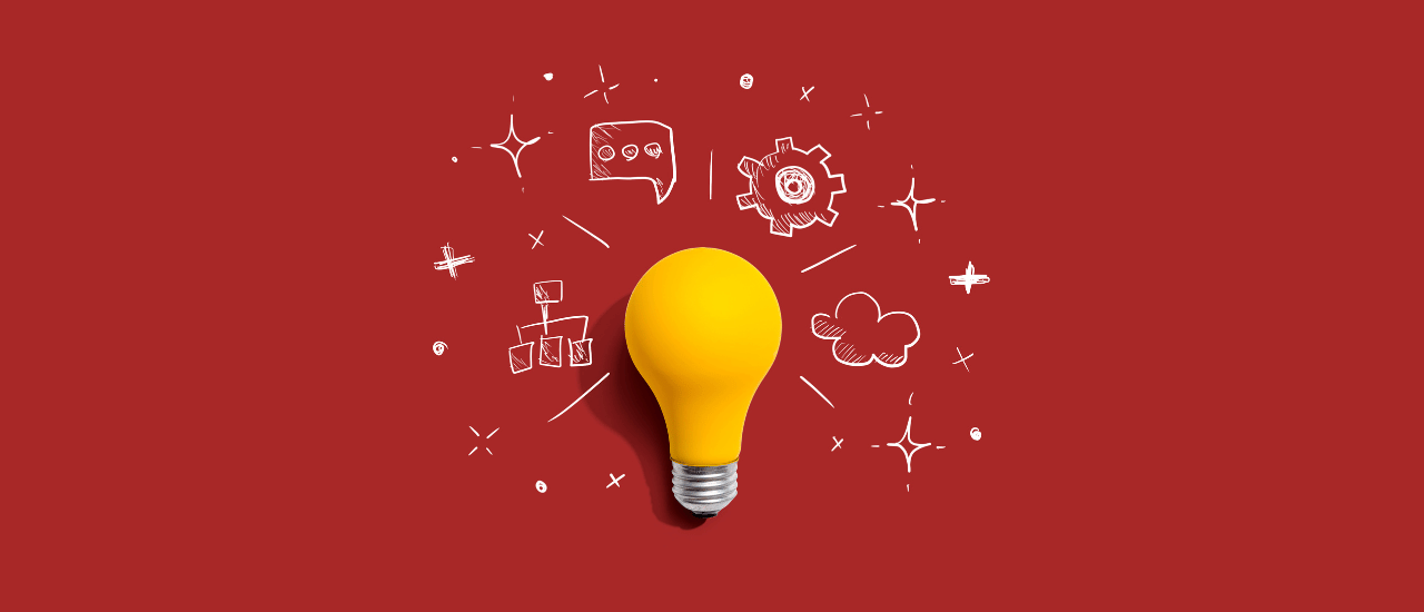 A red background with a large yellow lightbulb in the center. Surrounding the lightbulb are white hand-drawn icons symbolizing ideas and creativity, including a chat bubble, a gear, a cloud, and other abstract shapes.