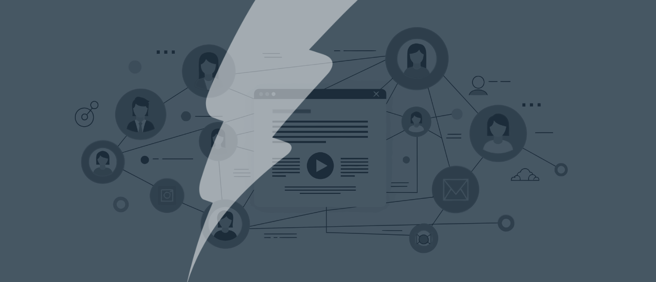 Stylised graphic with a dark overlay and a large lightning bolt in the centre. In the background, interconnected icons and user profile illustrations represent a digital learning or social network. At the centre is a browser window with a play button, symbolising multimedia content, surrounded by icons for email, cloud, chat, and support, reflecting a connected digital quiz or learning ecosystem.