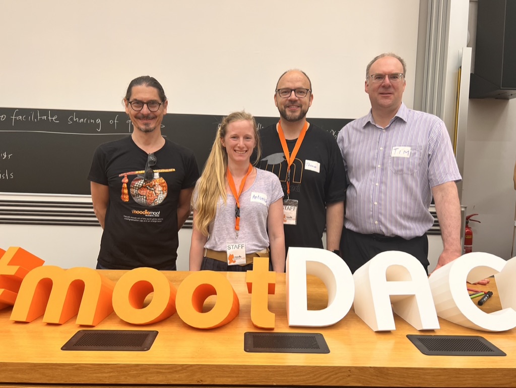 Group photo of the Quiz and Question Bank project team at MoodleMoot Dach. Photo by Andreas Hruska.