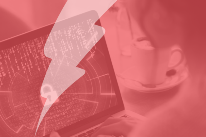 A stylised red-toned image showing a person using a laptop with a digital lock and data visualisation on screen, symbolising cybersecurity. A Catalyst lightning bolt overlays the image, reinforcing the theme of secure and empowered online learning environments. A coffee cup sits in the background.