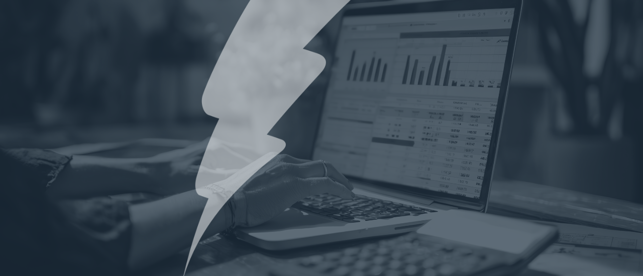 Stylised image with a blue overlay and Catalyst lightning bolt motif. A person is working on a laptop displaying data dashboards with bar charts and tables, representing analytics or assessment tracking in Moodle. The image relates to smarter ways of managing assessment.