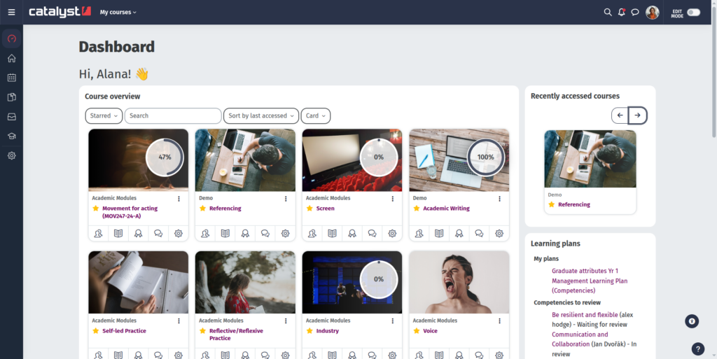 A screenshot of the Catalyst CatAwesome Moodle theme showing a personalised dashboard. The screen welcomes a user named Alana and displays a grid of course cards with progress indicators, course names, and categories like "Academic Modules" and "Demo". A sidebar with navigation icons is visible on the left, and the Catalyst logo appears at the top.