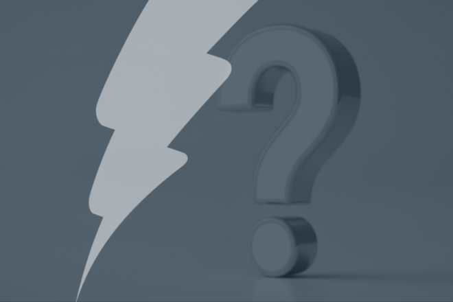 Large question mark on a muted blue background, overlaid with Catalyst’s lightning bolt graphic, symbolising a troubleshooting scenario or common Moodle challenge such as “Moodle is slow” seen by only one user.
