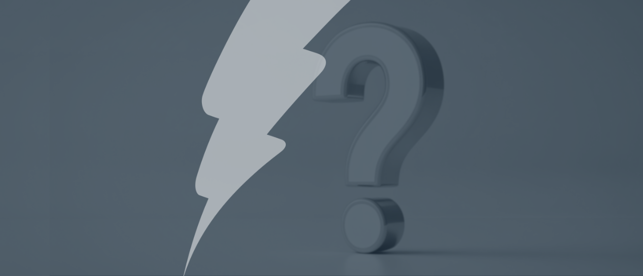 Large question mark on a muted blue background, overlaid with Catalyst’s lightning bolt graphic, symbolising a troubleshooting scenario or common Moodle challenge such as “Moodle is slow” seen by only one user.