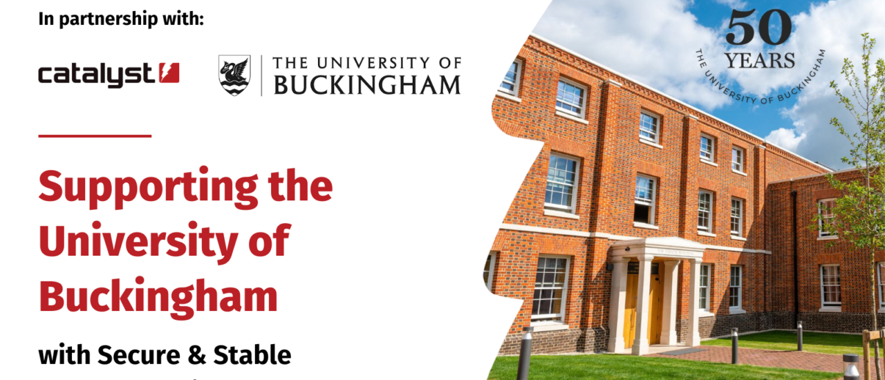 Partnership announcement graphic showing Catalyst and The University of Buckingham logos with the headline “Supporting the University of Buckingham with Secure & Stable Moodle Hosting.” Image includes a red-brick university building and a “50 Years” emblem marking the university’s anniversary.