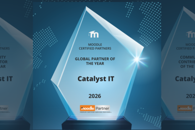 Graphic celebrating Catalyst IT as Moodle Certified Partners’ Global Partner of the Year 2026, with the Global Partner award highlighted in the centre and Community Contributor of the Year awards shown either side, named at the Moodle Partner Awards 2026