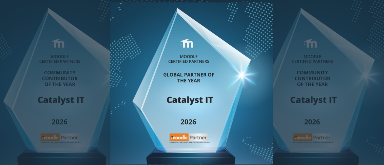 Graphic celebrating Catalyst IT as Moodle Certified Partners’ Global Partner of the Year 2026, with the Global Partner award highlighted in the centre and Community Contributor of the Year awards shown either side, named at the Moodle Partner Awards 2026